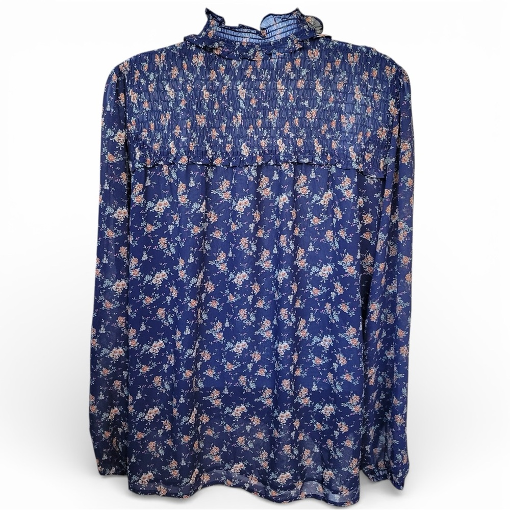 Pleione Blouse Women’s Navy Floral Long Sleeve Top Ruffle Smocked Cottage | Sz L - Picture 3 of 13